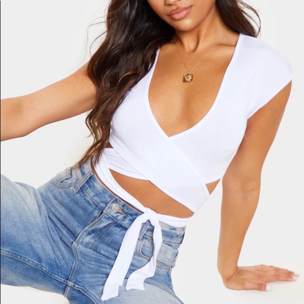 PLT - White Tie Plunge Crop Top - Picture 2 of 3